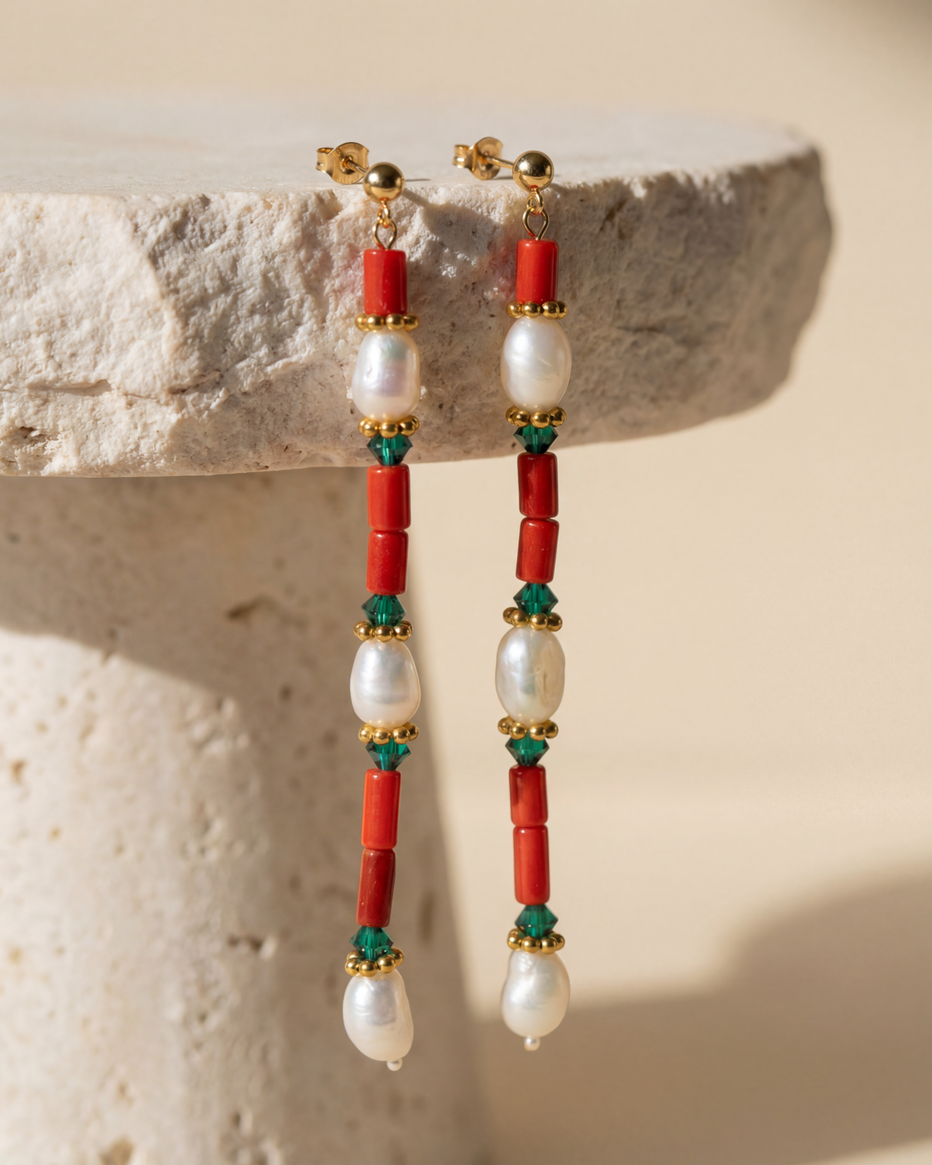 Coral, Pearl & Swarovski Earrings